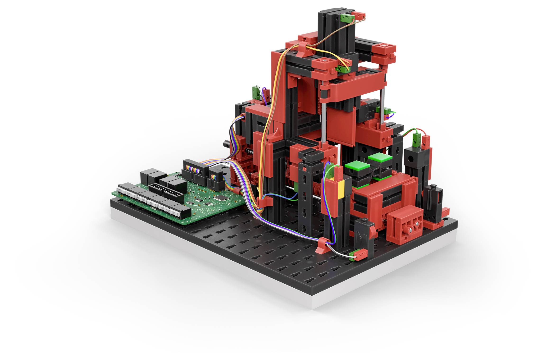 Robotbouwpakket met rode en zwarte structuur, bedraad, gemonteerd op een wit platform. Geschikt voor technische projecten.