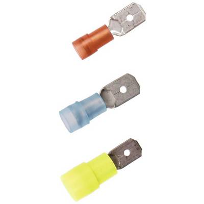 Drie gekleurde kabelverbinders in rood, blauw en geel, afzonderlijk naast elkaar gerangschikt op een witte achtergrond.