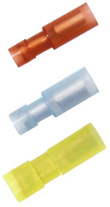 Drie kleurrijke kabelconnectoren: rood, blauw en geel. Ze zijn cilindrisch van vorm en gemaakt van transparant plastic, in verschillende formaten.