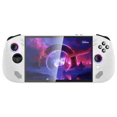 Een draagbare gameconsole met een kleurenscherm dat een fantasielandschap vertoont met een gloeiende cirkelvormige portaal en mistige bergen.
