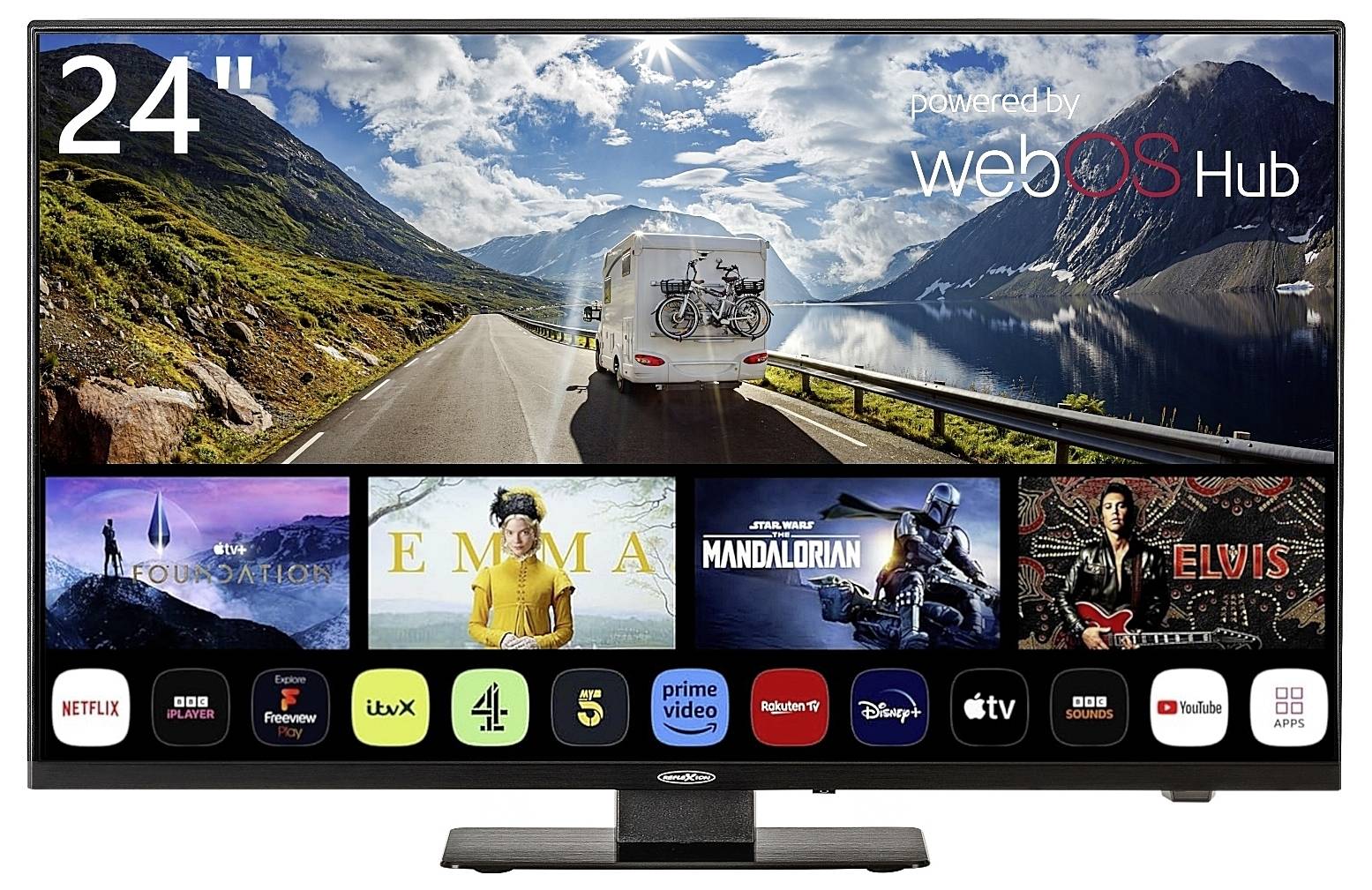24-inch televisie met 'webOS Hub', toont een landschap met camper en streamingapps zoals Netflix, Prime Video en Disney+.