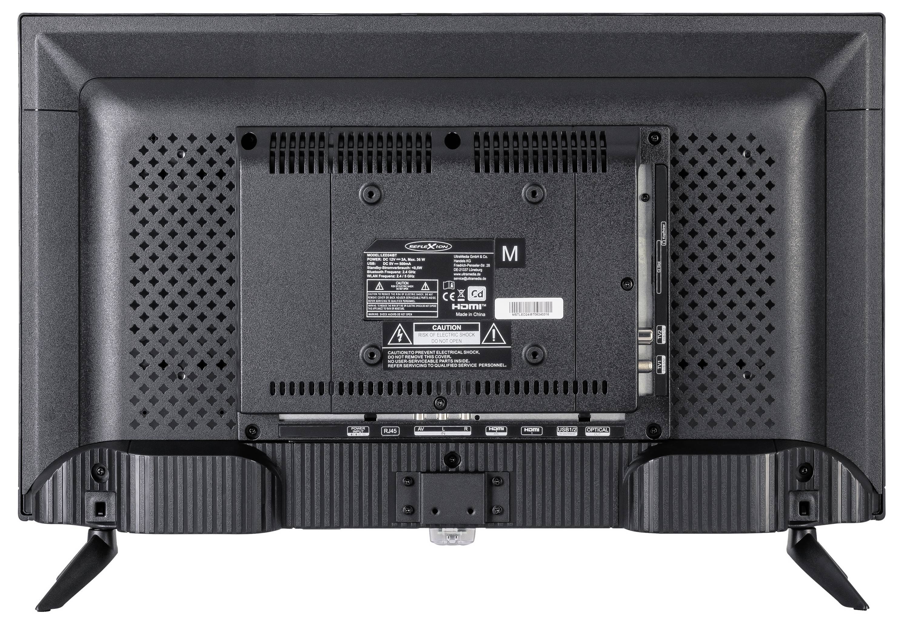 Achteraanzicht van een zwarte televisie met zichtbare invoerpoorten en een centraal label met modelinformatie.