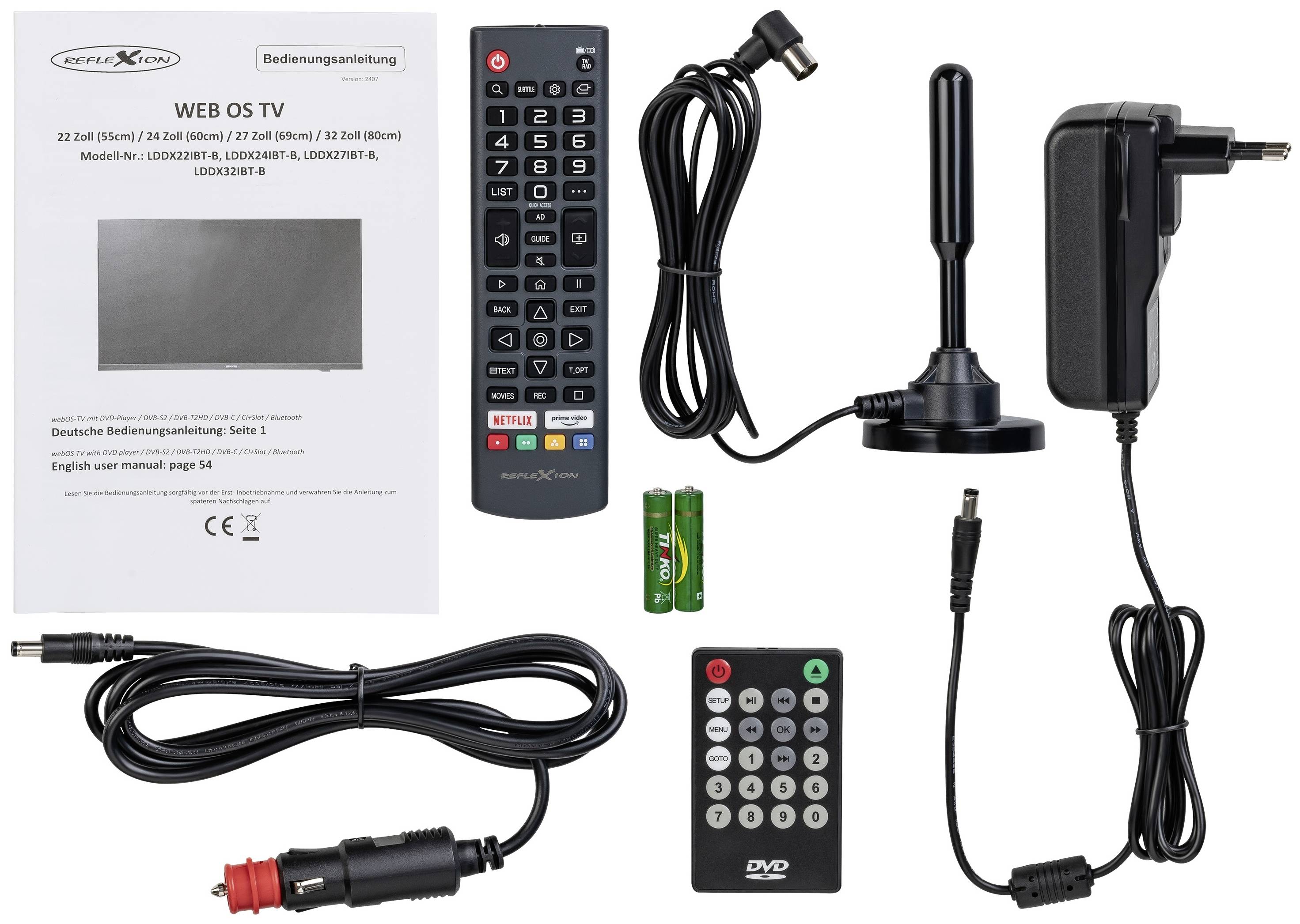 'Bevat afstandsbediening, batterijen, antenne, voedingsadapters, gebruiksaanwijzing en kabels. Accessoires voor een tv-apparaat.'