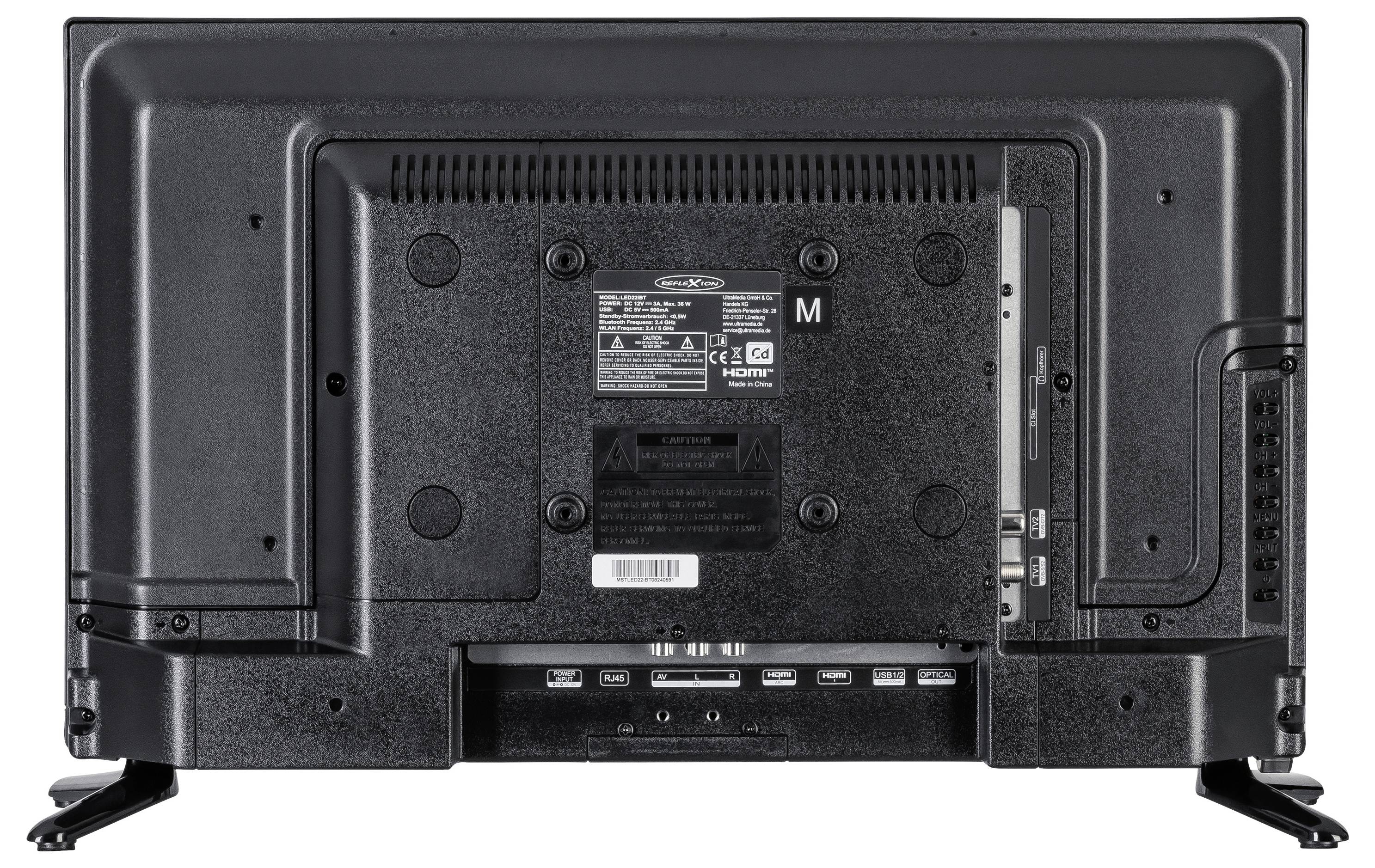 De afbeelding toont de achterkant van een flatscreen-tv, met verschillende ingang- en uitgangspoorten, ventilatieopeningen en een fabrikantenlabel.