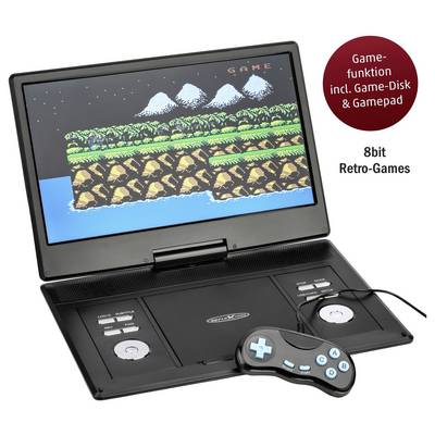 Mobiele retro-speler met scherm toont 8-bits spel; daarbij gamepad en verwijzing naar spelsfunctie inclusief schijf.