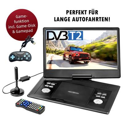 Draagbare dvd-speler met scherm, toont auto en 'DVB T2'; accessoires: gamepad, antenne en afstandsbediening. Tekst: 'Perfect voor lange autoritten!'