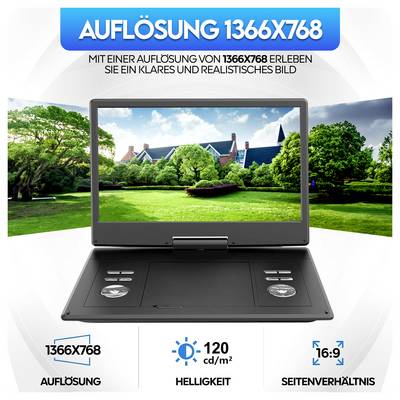Advertentieafbeelding van een laptop met de opschrift 'RESOLUTIE 1366X768'; onderaan worden '120 cd/m²' helderheid en '16:9' beeldverhouding weergegeven.