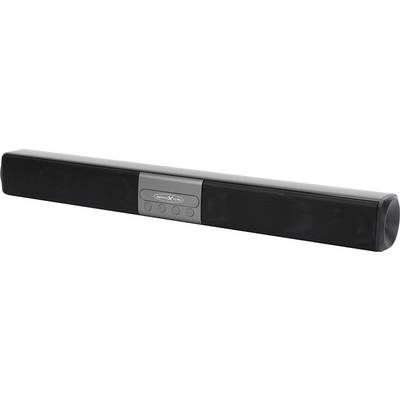Zwarte soundbar met grijs middendeel en vier knoppen, geschikt voor audio-uitvoer in thuisbioscopen of bij multimediatoepassingen.