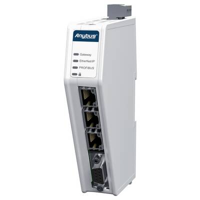 Een modern industriemodule met drie netwerkaansluitingen en een seriële aansluiting. Opschrift: 'Gateway', 'EtherNet/IP', 'PROFIBUS'.