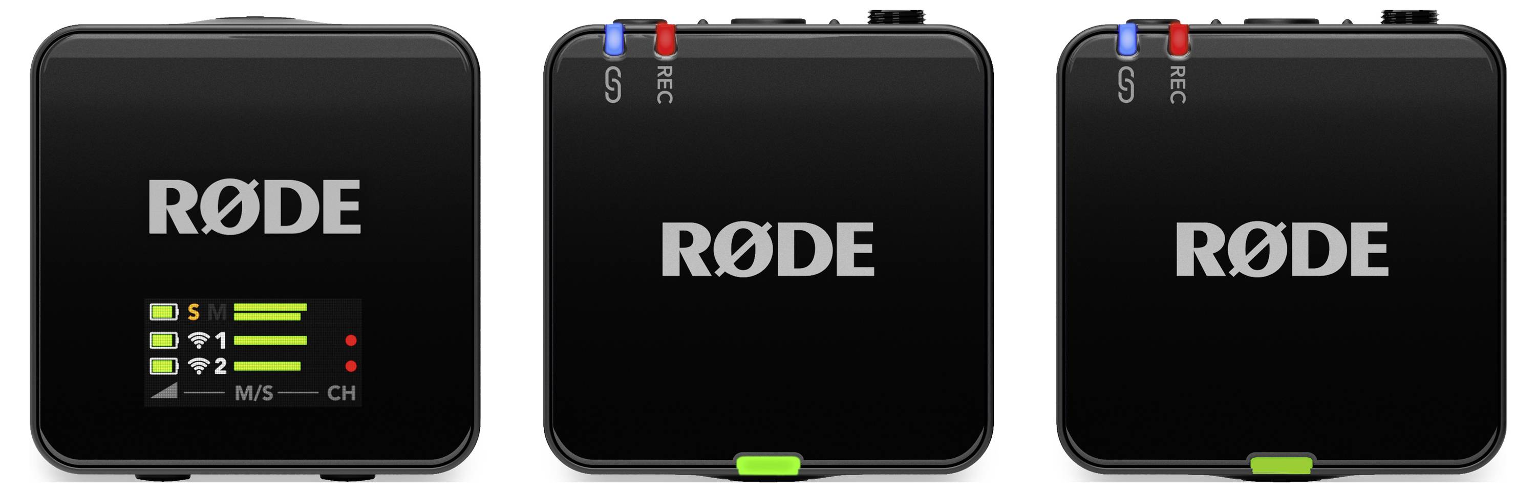 'Drie RØDE-draadloze microfoons. Links: Scherm met signaalniveau-indicator. Midden en Rechts: Markering en REC-schakelaar bovenaan zichtbaar.'