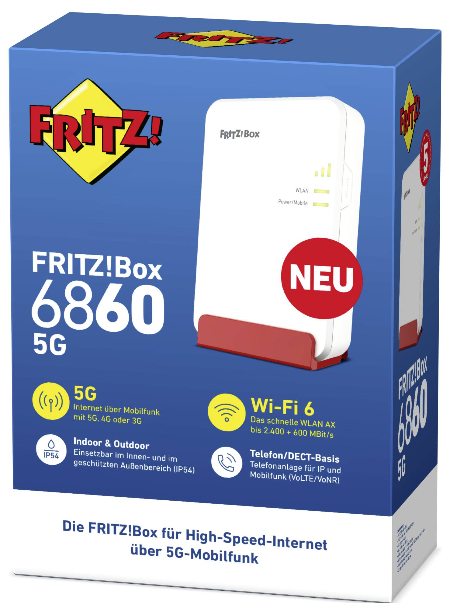 Witte FRITZ!Box 6860 5G op blauwe achtergrond. Teksten over 5G, Wi-Fi 6 en IP54-bescherming. Rode 'NIEUW'-knop. Verpakking toont functies.
