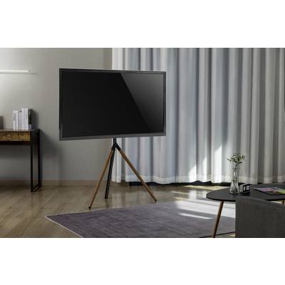 Woonkamer met moderne tv op een standaard, houten vloer, grijs tapijt, dressoir met boeken, tafel met vaas en gordijnen op de achtergrond.