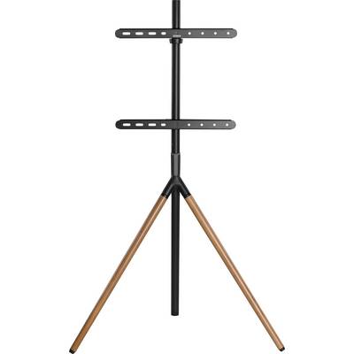 Statief voor televisie met driepootontwerp in houtlook en zwart metalen frame, geschikt voor moderne woonruimtes.