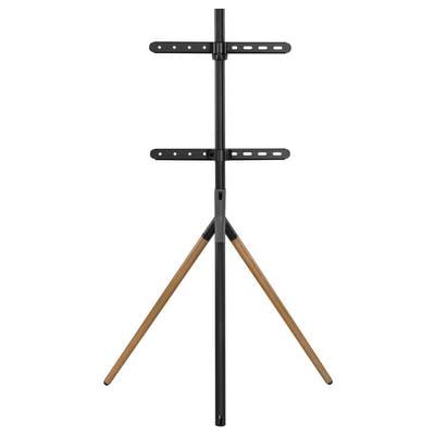 Een zwarte standaard met houten poten, geschikt voor het plaatsen van een televisie of monitor.