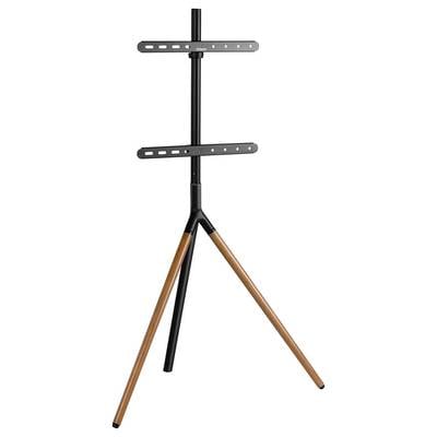 TV-standaard met zwart metalen frame en bruine houten poten voor een stijlvolle presentatie.