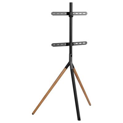 Een elegante tv-standaard met een zwart metalen frame en een houten steun op drie poten, geschikt voor moderne leefruimtes.