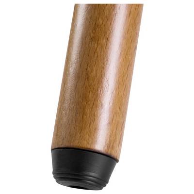 Een bruine houten stok met een zwart gegummeerd uiteinde, vermoedelijk onderdeel van een wandelstok of wandelstok.