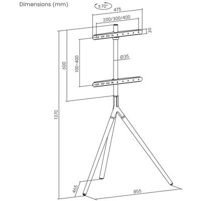 Technische tekening van een standaard met afmetingen: Hoogte 1370 mm, bovenwijdte 475 mm, diepte 855 mm. Verstelbare hellingshoek ±70°.
