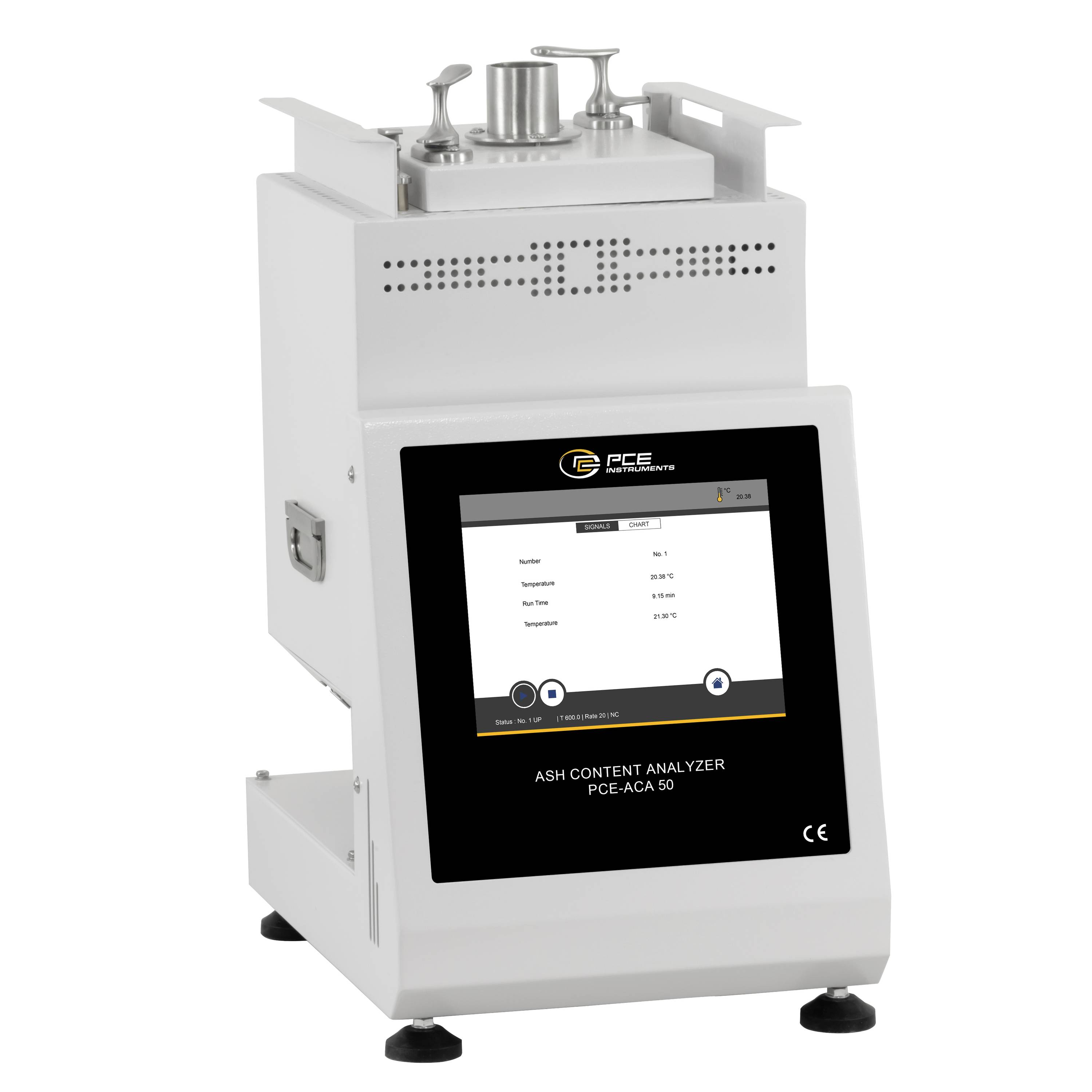Tafelmodel asgehalteanalysator met aanraakschermdisplay en steekproefkamer bovenop, weergegeven in een witte industriële behuizing.