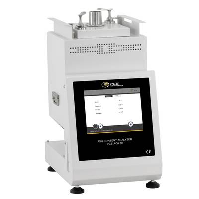 Tafelmodel asgehalteanalysator met aanraakschermdisplay en steekproefkamer bovenop, weergegeven in een witte industriële behuizing.