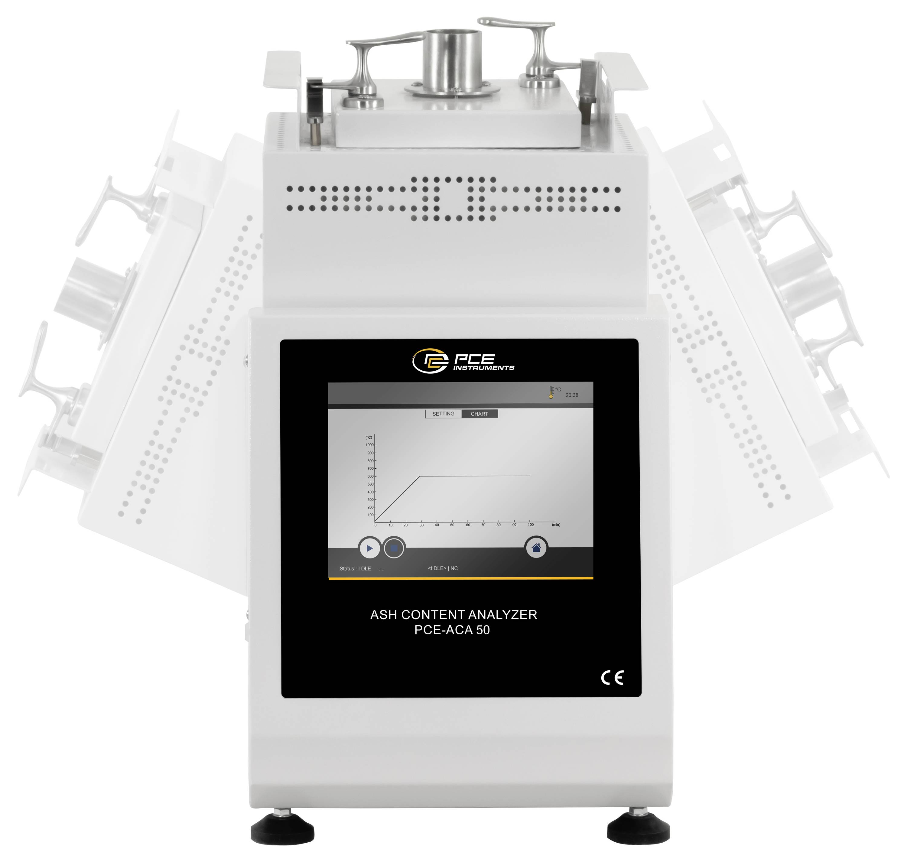 Vooraanzicht van een PCE-asgehalteanalysator met een aanraakschermdisplay en metalen staalchamber bovenop.
