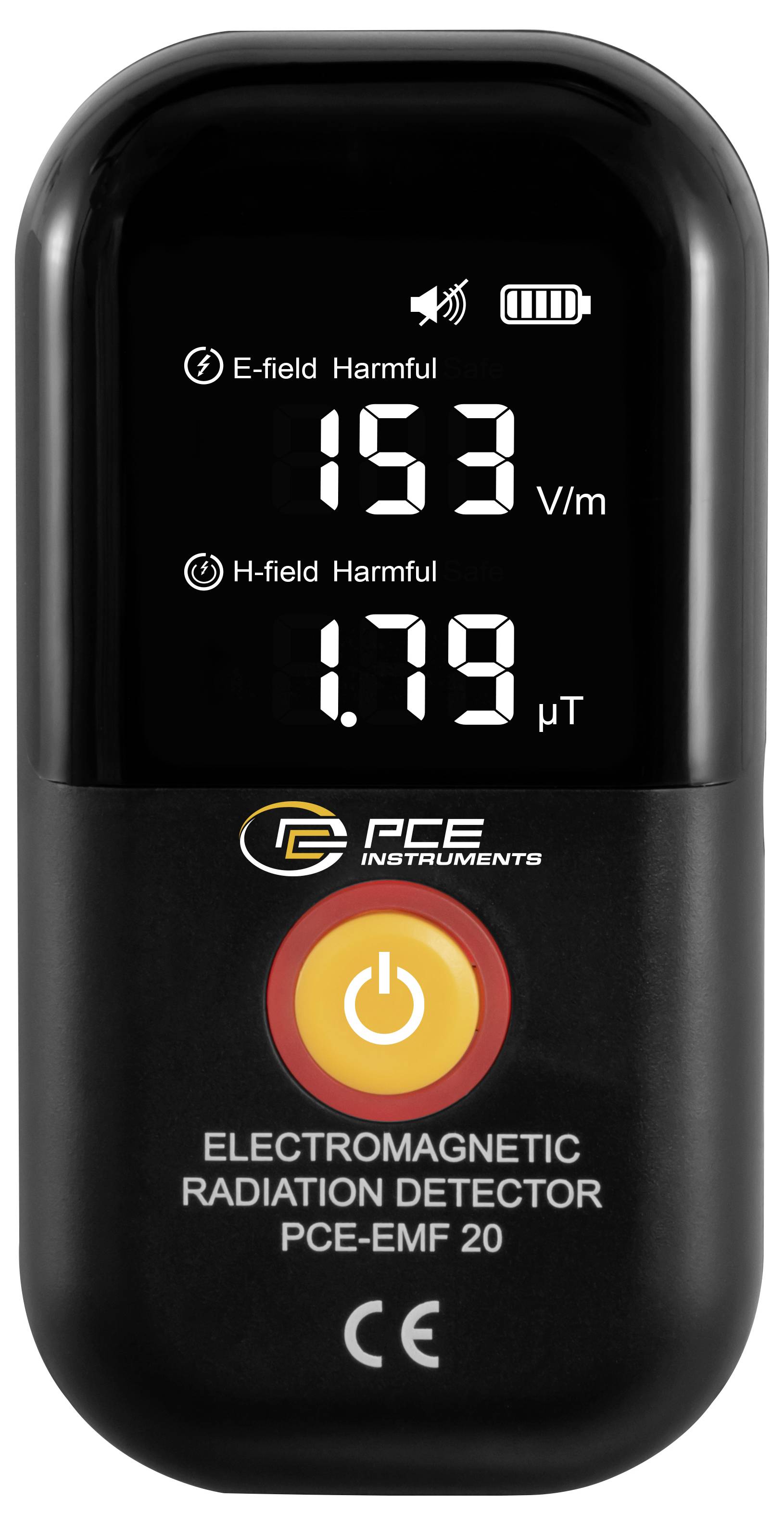 Handheld elektromagnetische stralingdetector die 153 V/m elektrisch veld en 1,79 µT magnetisch veld weergeeft, met aan/uit-knop en batterijpictogram.