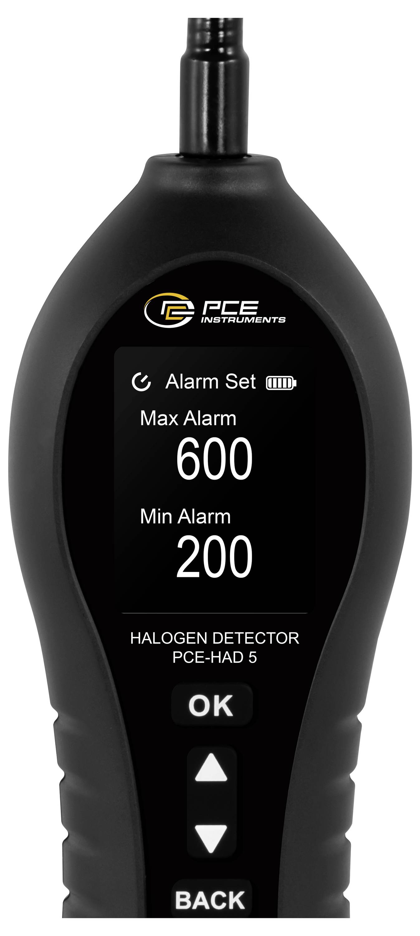 Handheld PCE-halogeendetector display met alarminstellingen: maximumalarm 600 en minimumalarm 200, met OK- en terugknoppen.