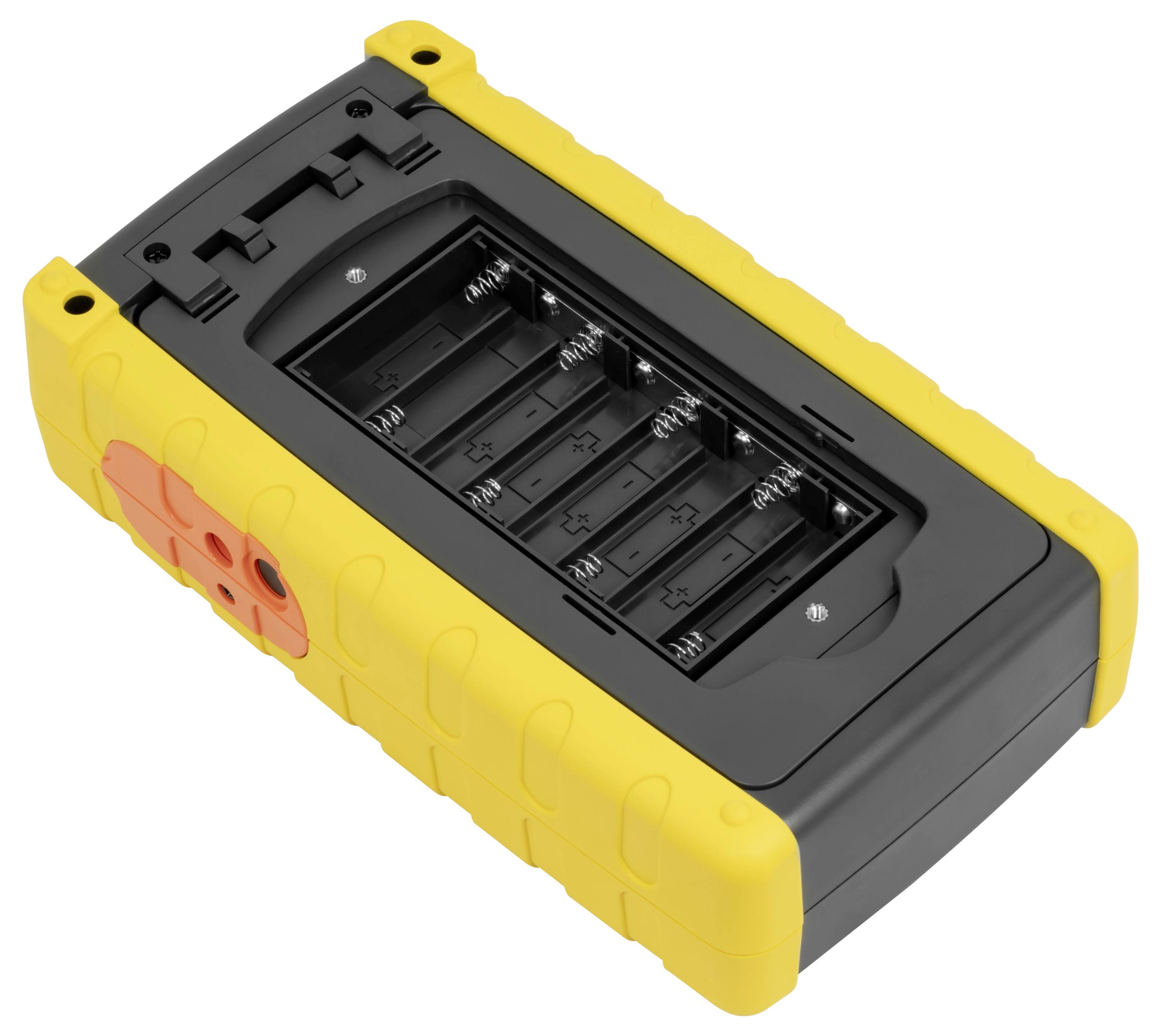 Geel en zwart draagbaar batterijehouder met vier lege AA/AAA-slots en metalen veren, getoond op een witte achtergrond.