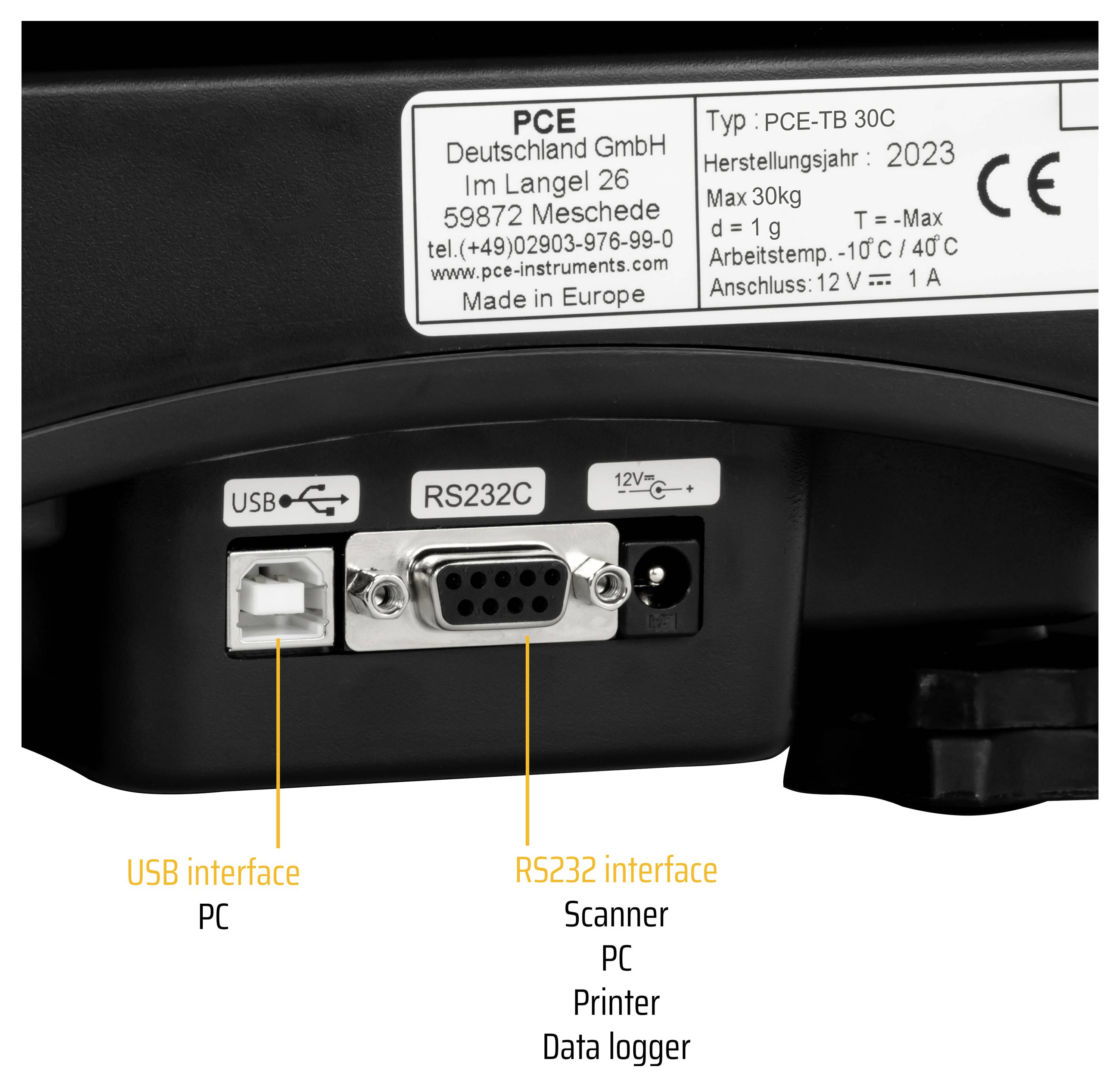 Achterpaneel van een PCE-apparaat met USB- en RS232-poorten plus 12V-voedingsingang, met labels die PC-, scanner-, printer- en dataloggerverbindingen aangeven.