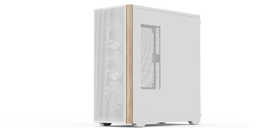 Een witte computertoren met een frontpaneel van gaas en een zijraam, voorzien van koelventilatoren aan de binnenkant. Hij heeft een houten accent langs de voorste rand.