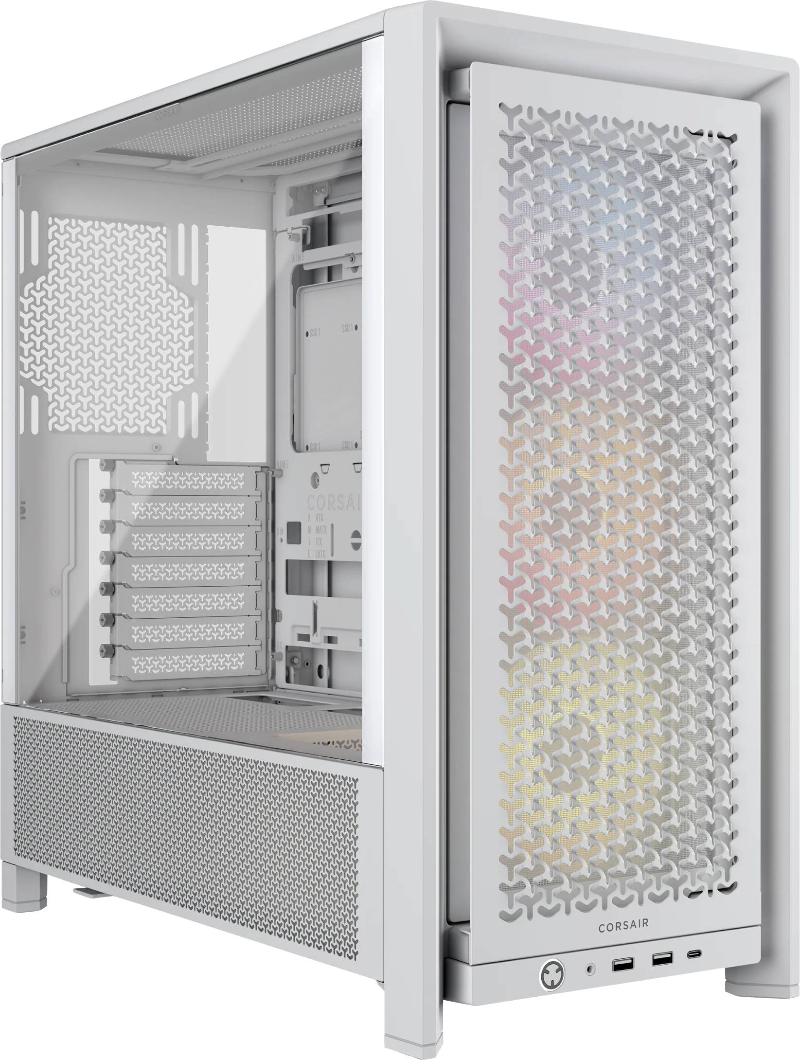 Wit computerbehuizing met geperforeerde voorkant en zichtbare binnenstructuur, geschikt voor het installeren van hardwarecomponenten.