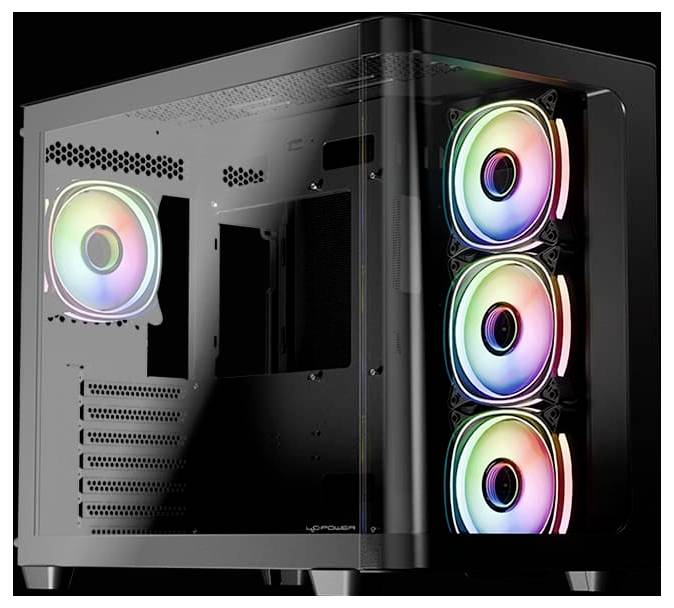 Een zwarte computerbehuizing met een transparant zijpaneel waarop vier RGB-verlichte koelventilatoren te zien zijn.