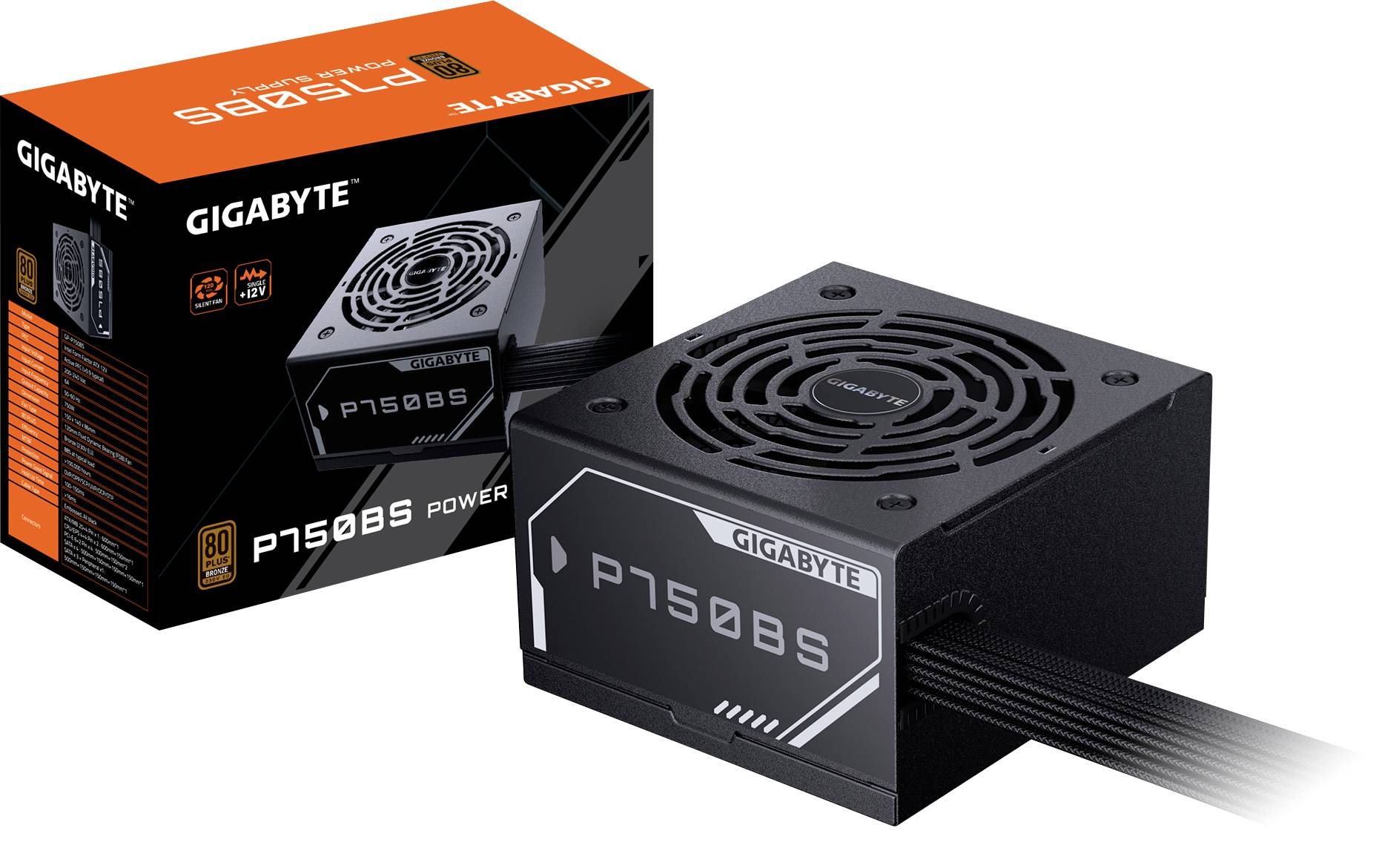 Zwart Gigabyte P750B S voedingsunit met kabels, naast de verpakking met productinformatie. Geschikt voor pc-assemblage en stroomvoorziening.