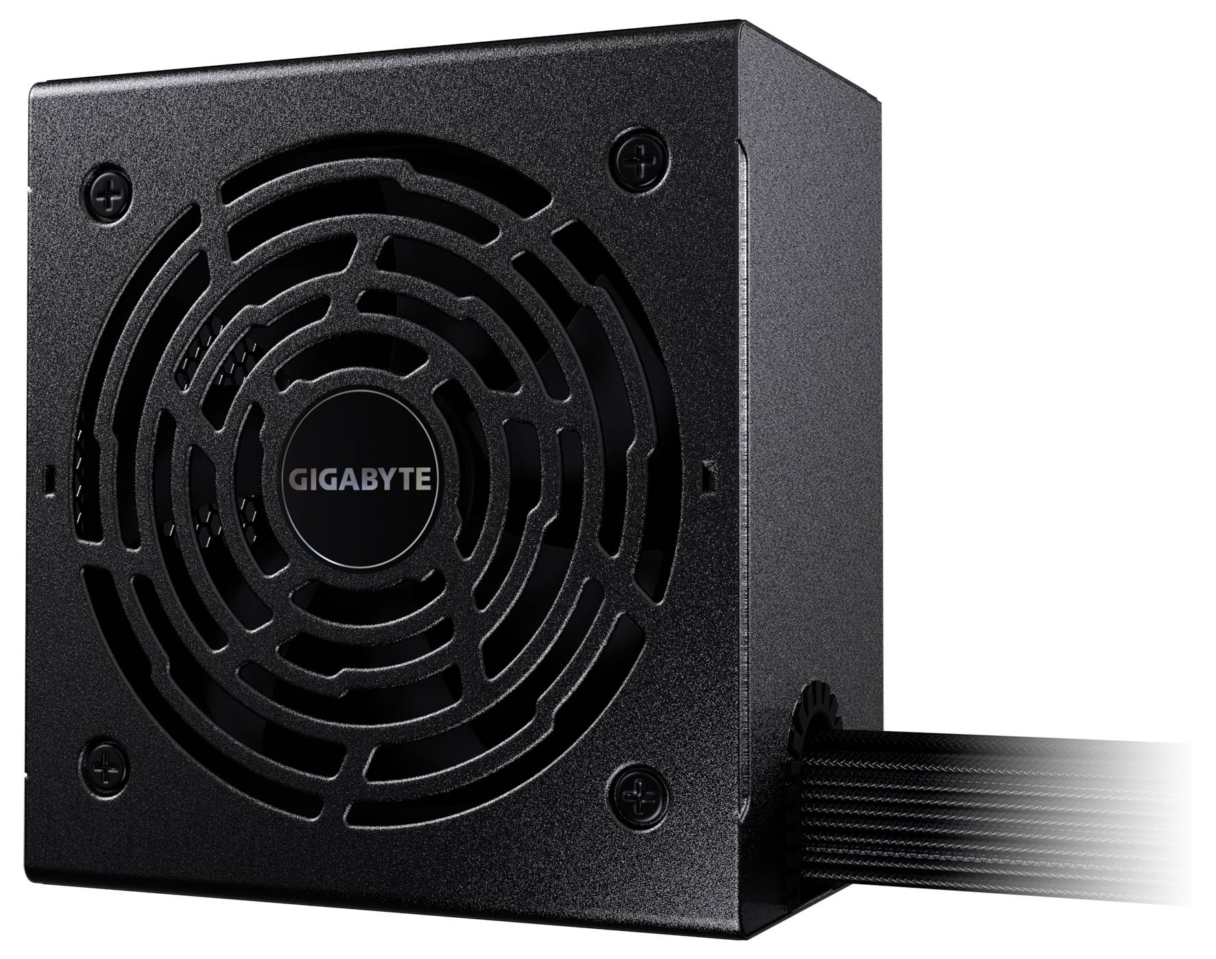Zwart voedingsapparaat met ventilatorrooster en kabel, 'GIGABYTE' staat in het midden van de ventilator, bestemd voor computercomponenten.