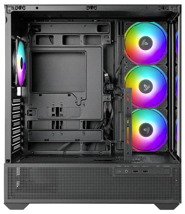 Computerbehuizing met zes verlichte ventilatoren, drie aan de voorkant en twee aan de achterkant. Behuizing van binnen leeg.