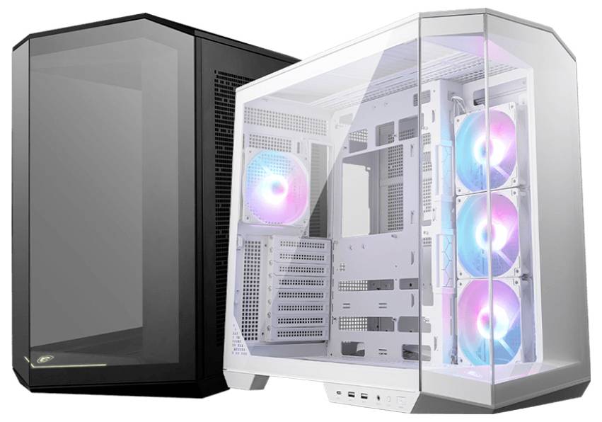 Twee pc-behuizingen, een zwart en een wit-transparant, staan naast elkaar. De witte behuizing laat kleurrijke ventilatoren aan de binnenkant zien.