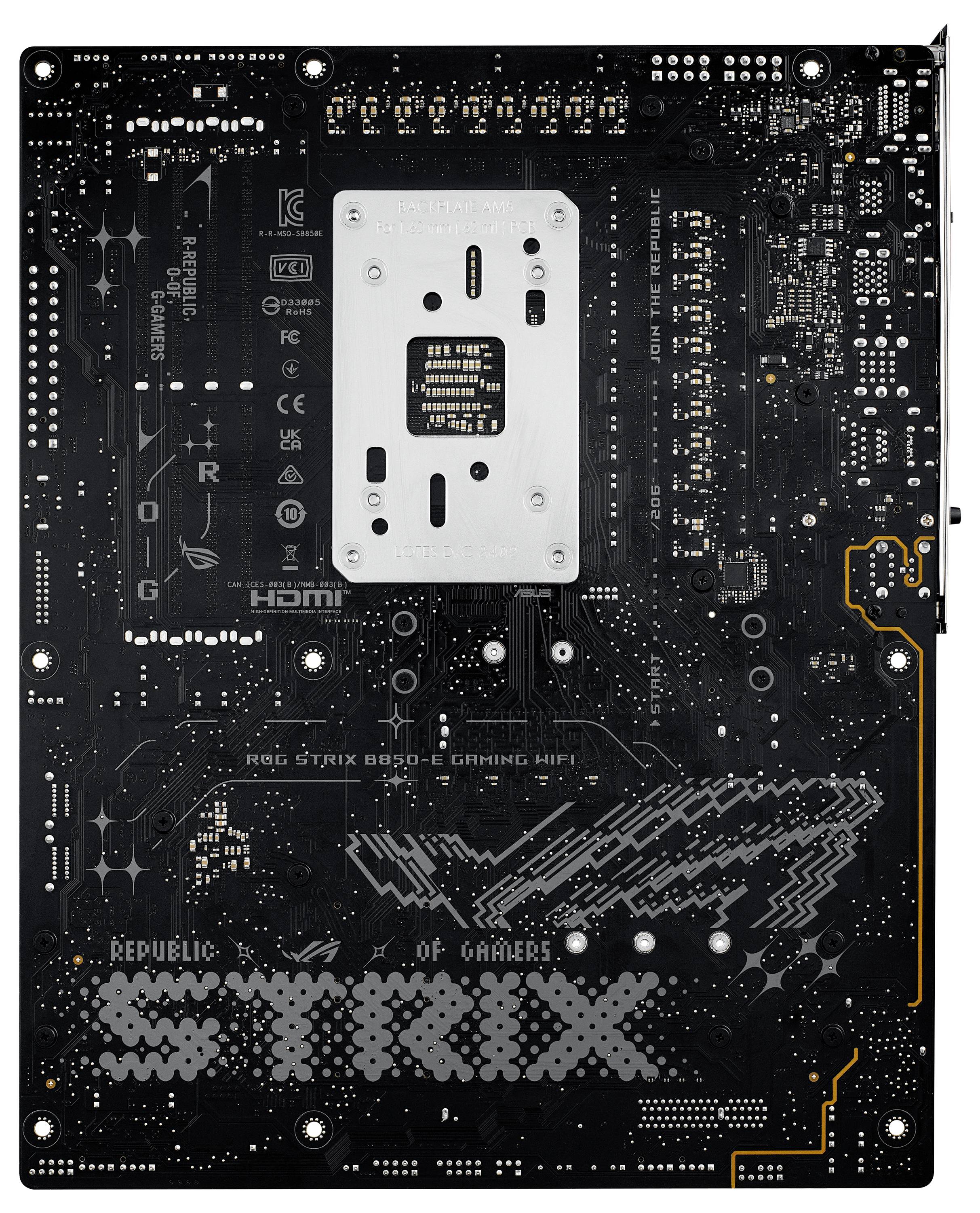 Achterkant van een computer-mainboard met de opschrift 'ROG STRIX B650E GAMING WIFI'. Verschillende aansluitingen en printsporen zijn zichtbaar.