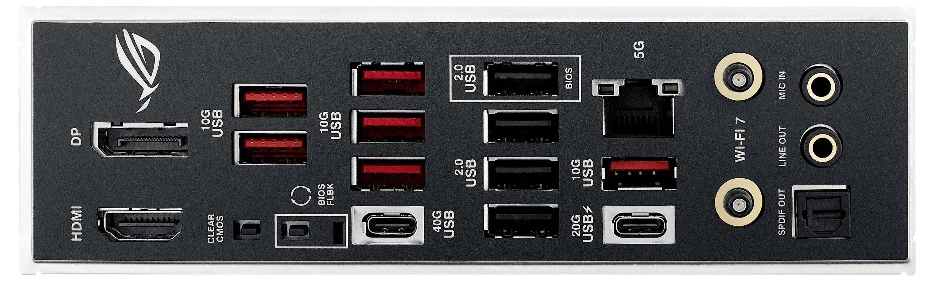 Aansluitingen op een computer-moederbord: HDMI, DisplayPort, USB-poorten, Ethernet, Audio- en microfoonaansluitingen; merk afgebeeld.