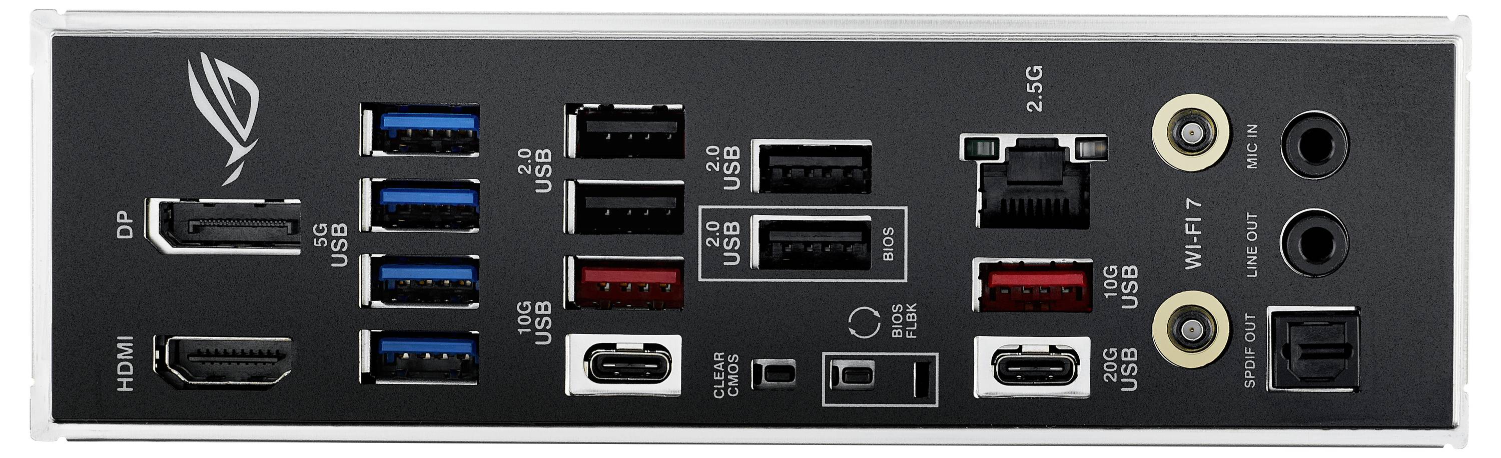 Achterkant van een moederbord met verschillende aansluitingen: HDMI, DisplayPort, meerdere USB-poorten, Ethernet en audio-aansluitingen.