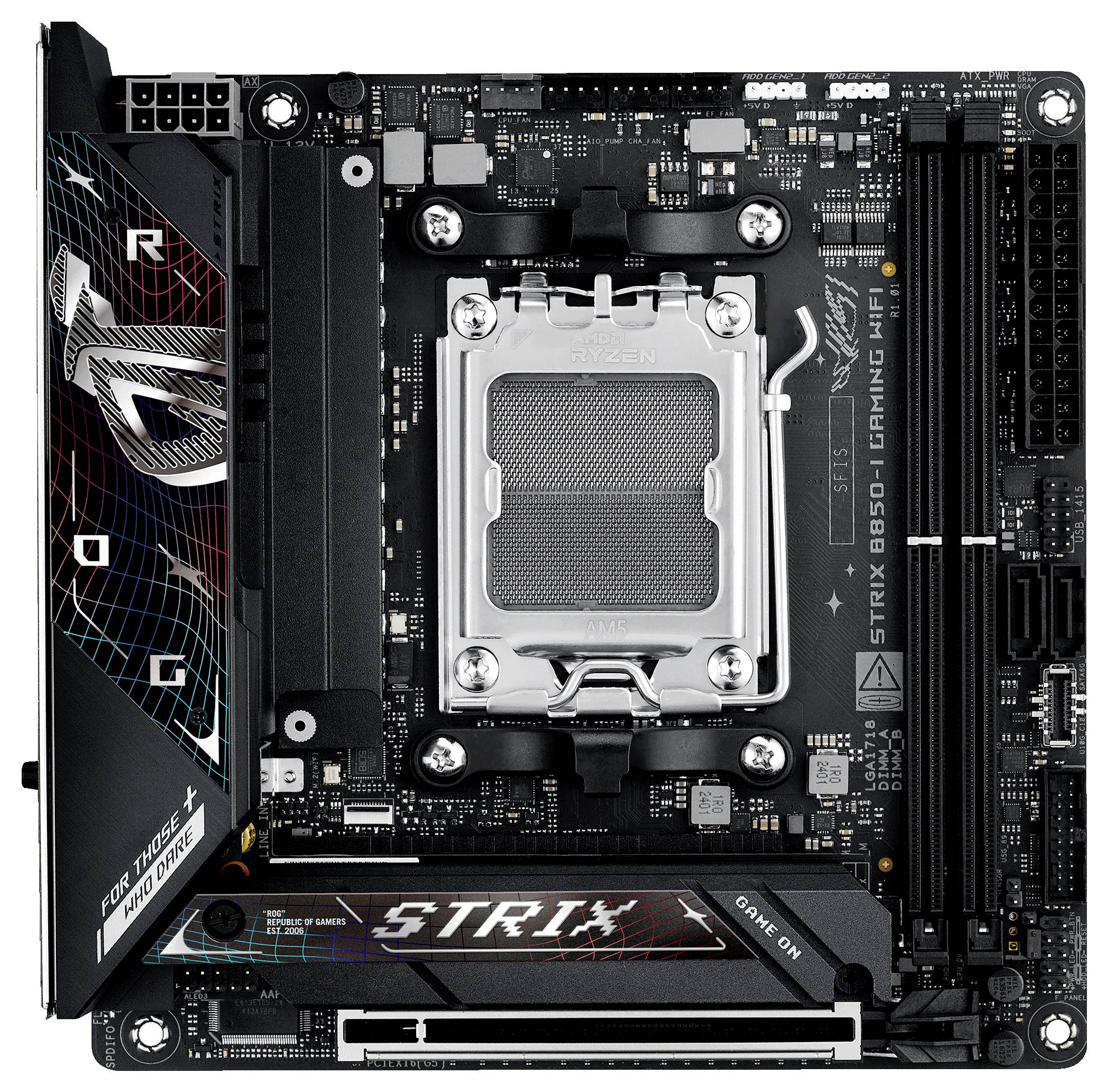 Een gaming-moederbord met CPU-socket, RAM-sleuven en aansluitingen. Markering 'STRIX B650E'. Hoogwaardige gaming-componenten.