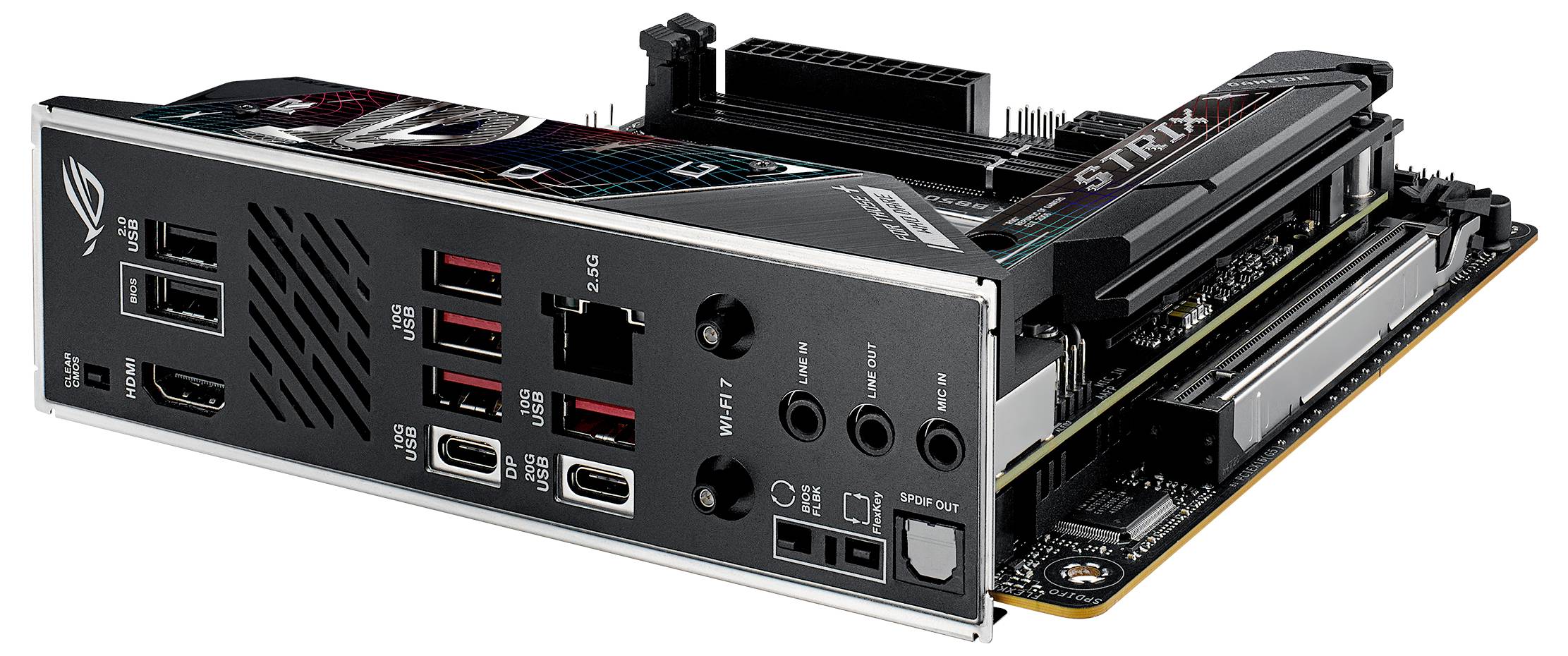 Een computermoederbord met meerdere USB-poorten, HDMI-uitgang, netwerkpoort en audioaansluitingen, geschikt voor gaming-pc's.
