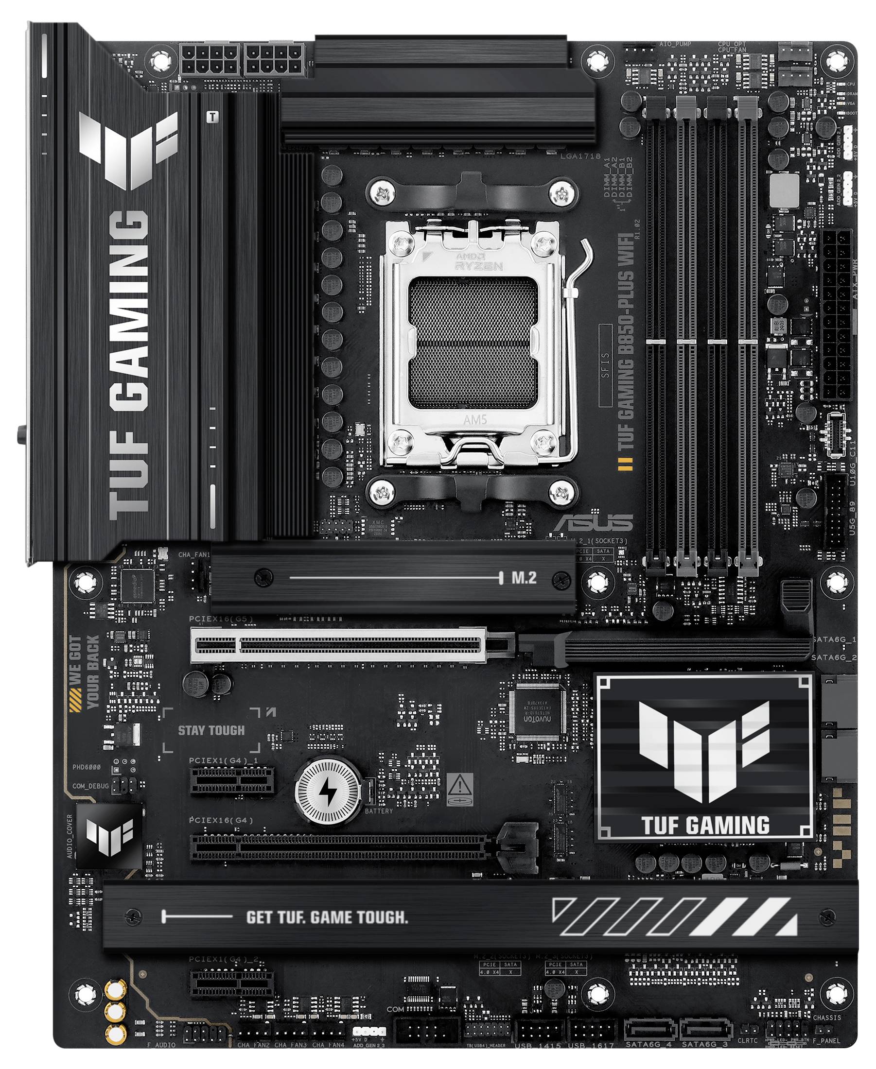 Een zwarte moederbord met een zilver 'TUF Gaming'-logo. Toont sleuven voor CPU, RAM, GPU's en andere componenten.