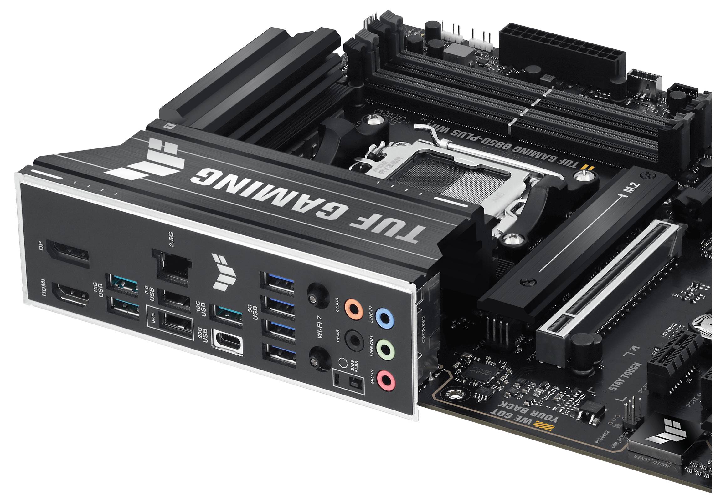 Een gaming-moederbord met meerdere USB-, HDMI- en audio-aansluitingen. Het draagt de tekst 'TUF GAMING'.