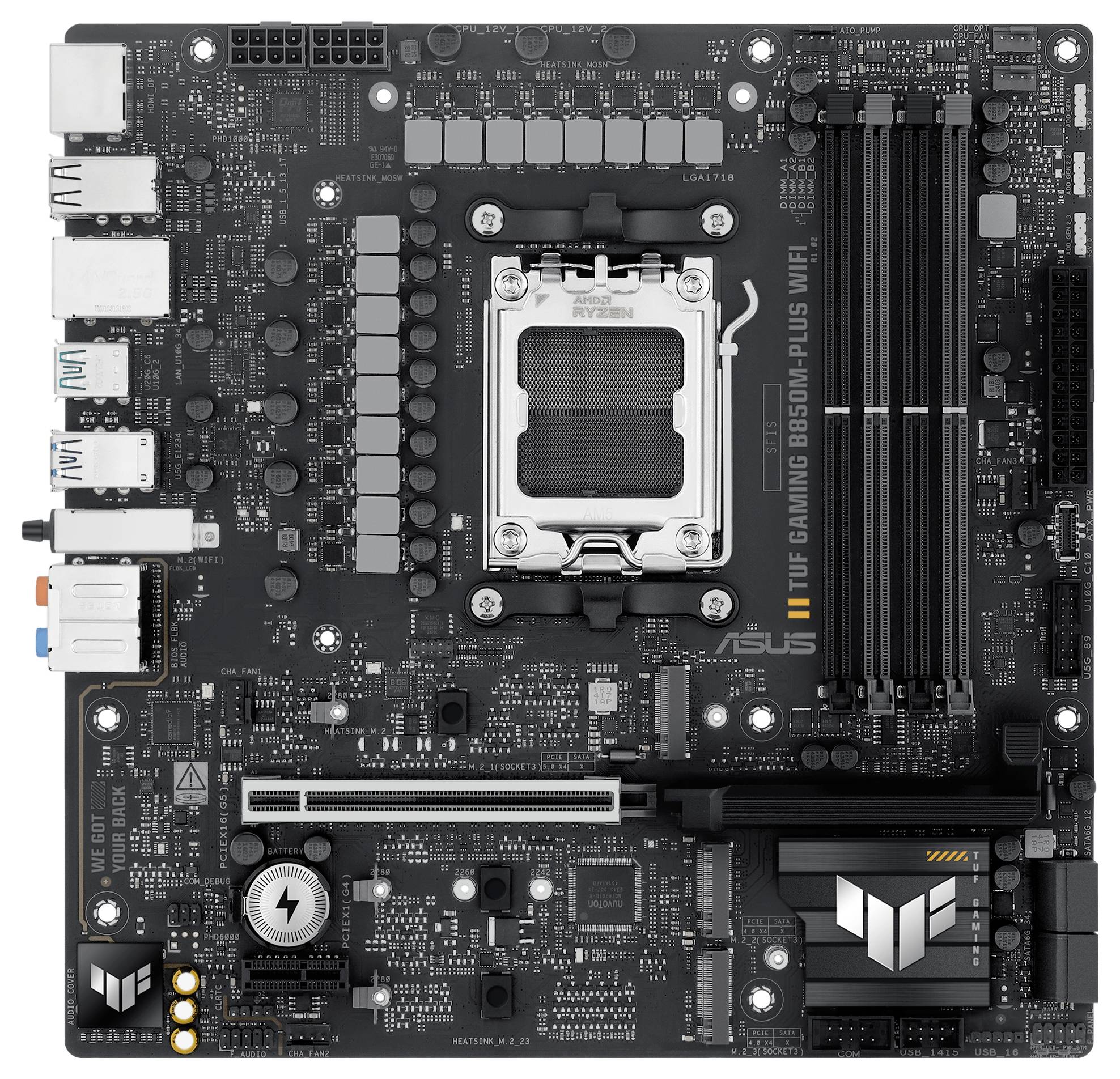 'Asus TUF Gaming B560M-Plus WiFi' Moederbord met CPU-socket, RAM-sleuven en aansluitingen voor pc-componenten.