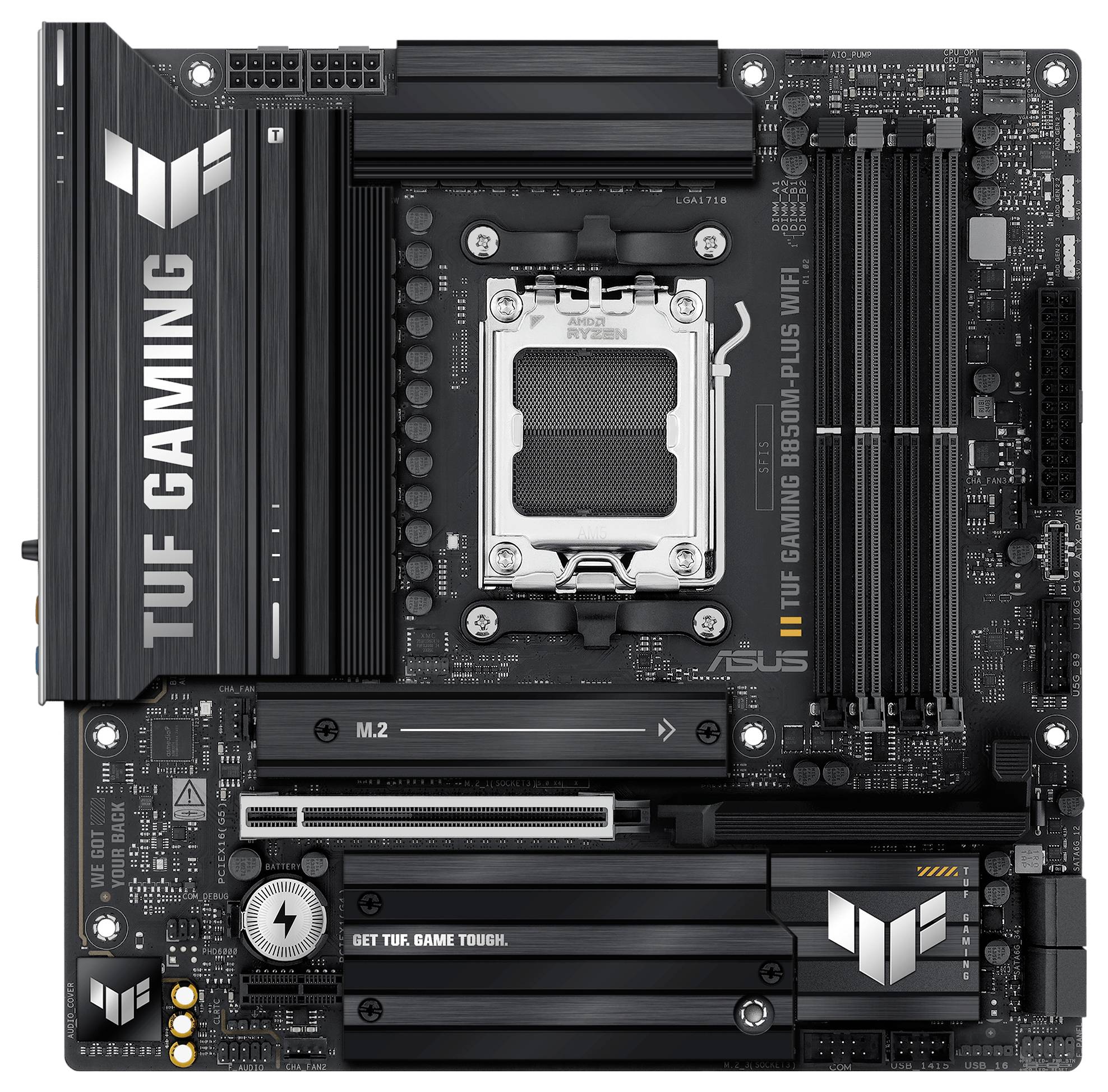 Zwart ASUS TUF Gaming B550M-Plus WiFi II moederbord met meerdere RAM-sleuven, CPU-socket en uitbreidingsslots.