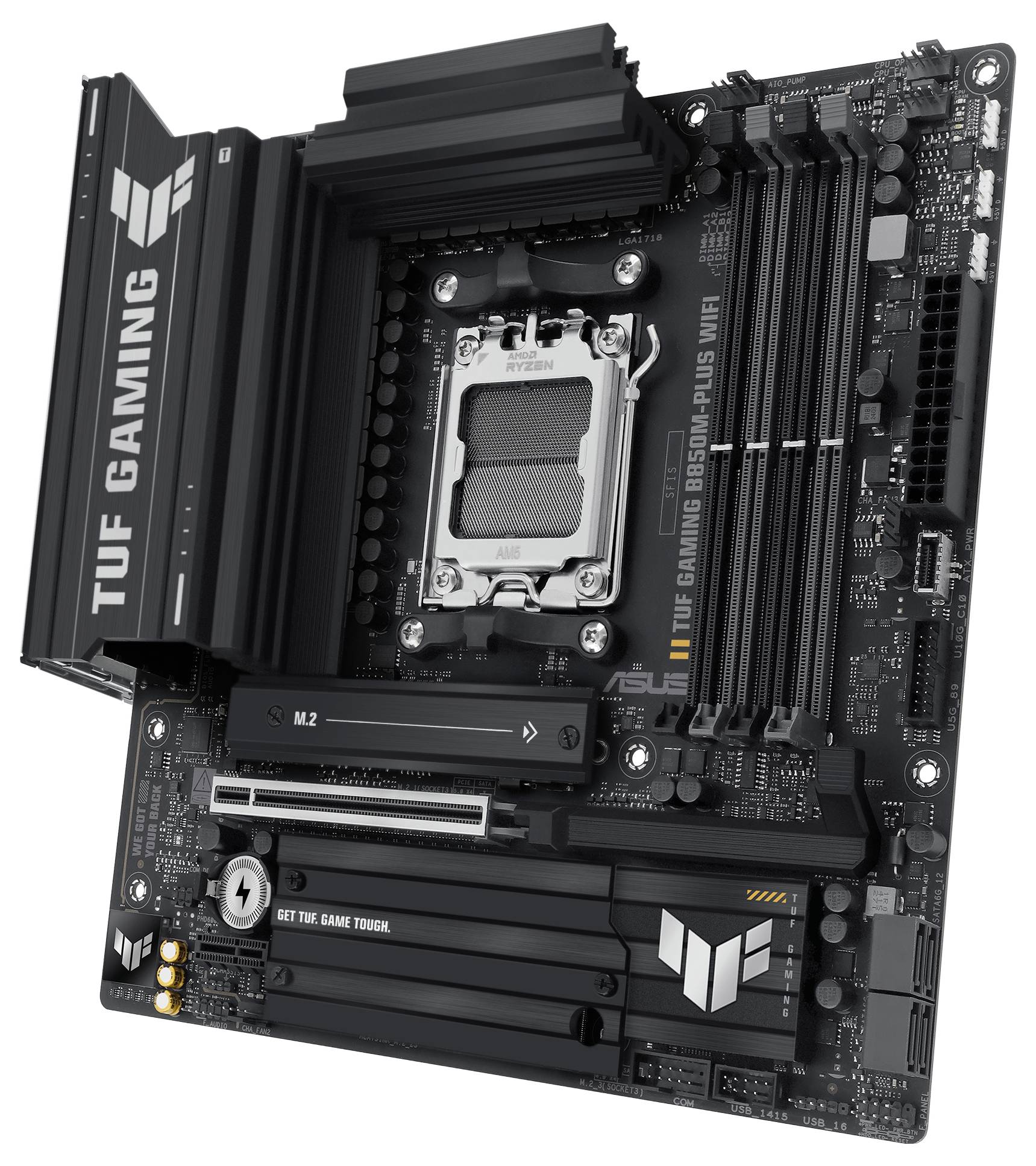 Een 'ASUS TUF Gaming B650M-PLUS WIFI' moederbord met meerdere PCIe-sleuven, RAM-slots en een koelsysteem voor computerassemblage.