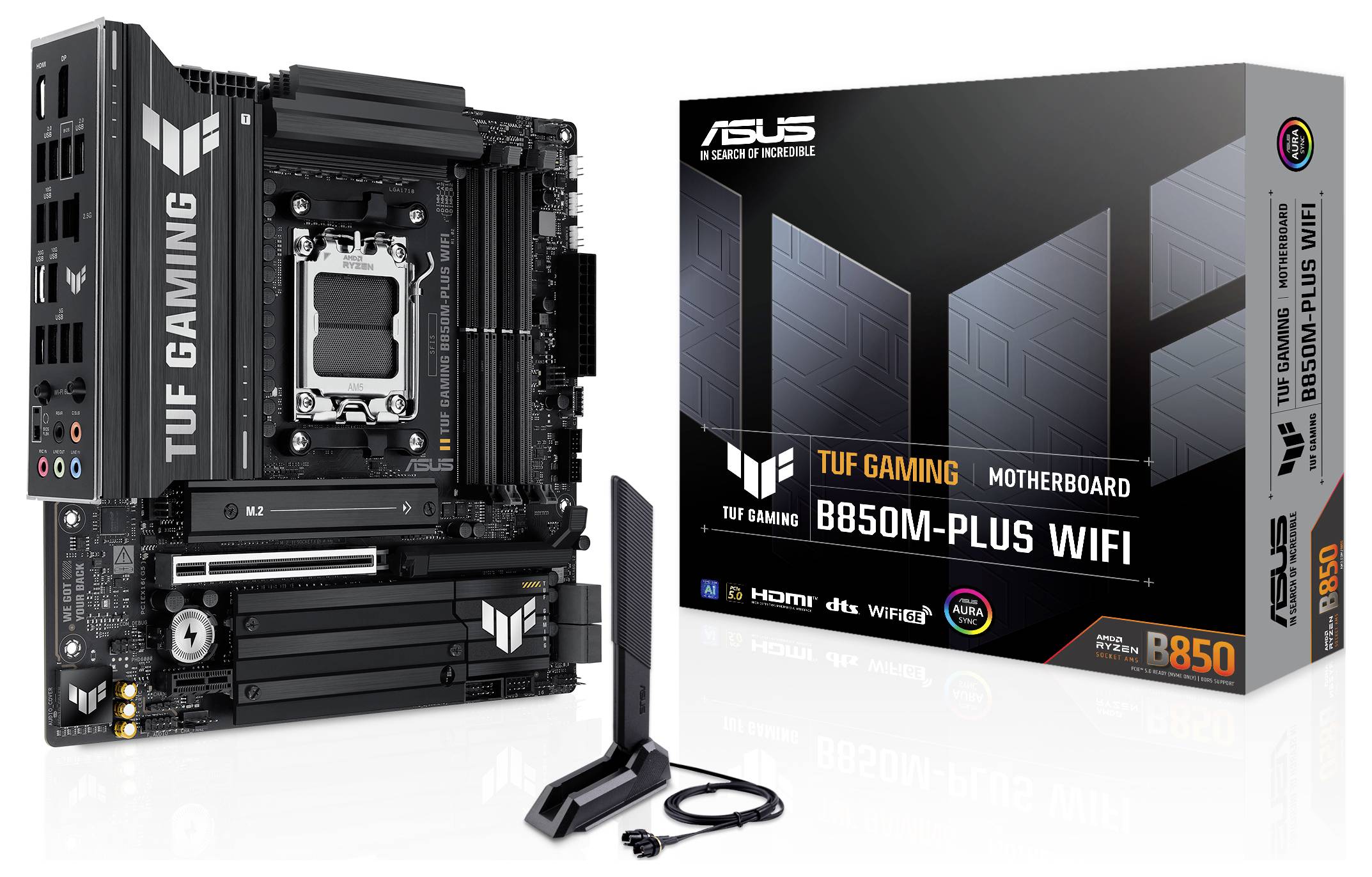 'ASUS TUF Gaming B450M-PLUS WIFI' Moederbord en verpakking. Het moederbord beschikt over sleuven voor RAM, PCIe en aansluitingen.