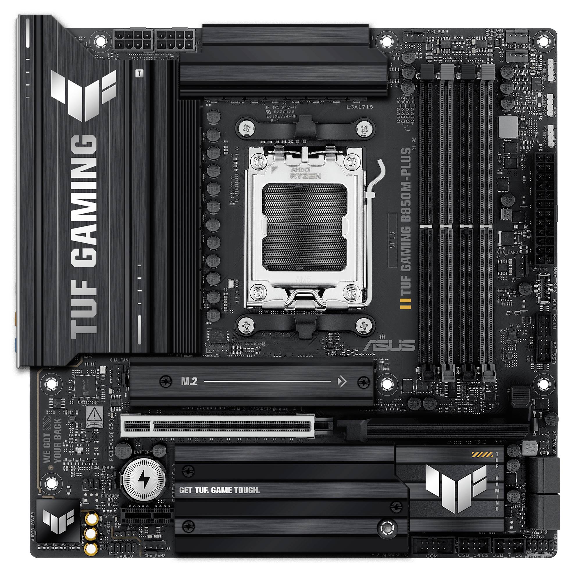 Afbeelding van een ASUS TUF Gaming B550M-Plus moederbord met meerdere PCIe-sleuven en RAM-slots, geschikt voor AMD-processors.