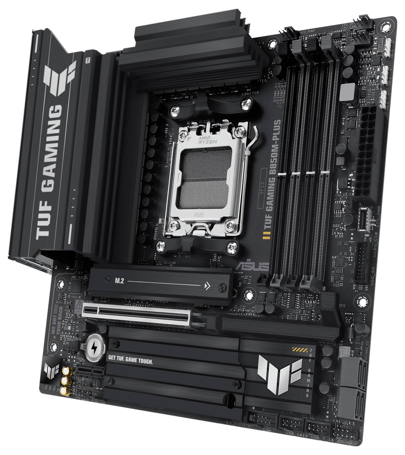 Moederbord van het TUF Gaming-merk met meerdere slots en aansluitingen, geschikt voor gaming-pc's, zwarte kleur.