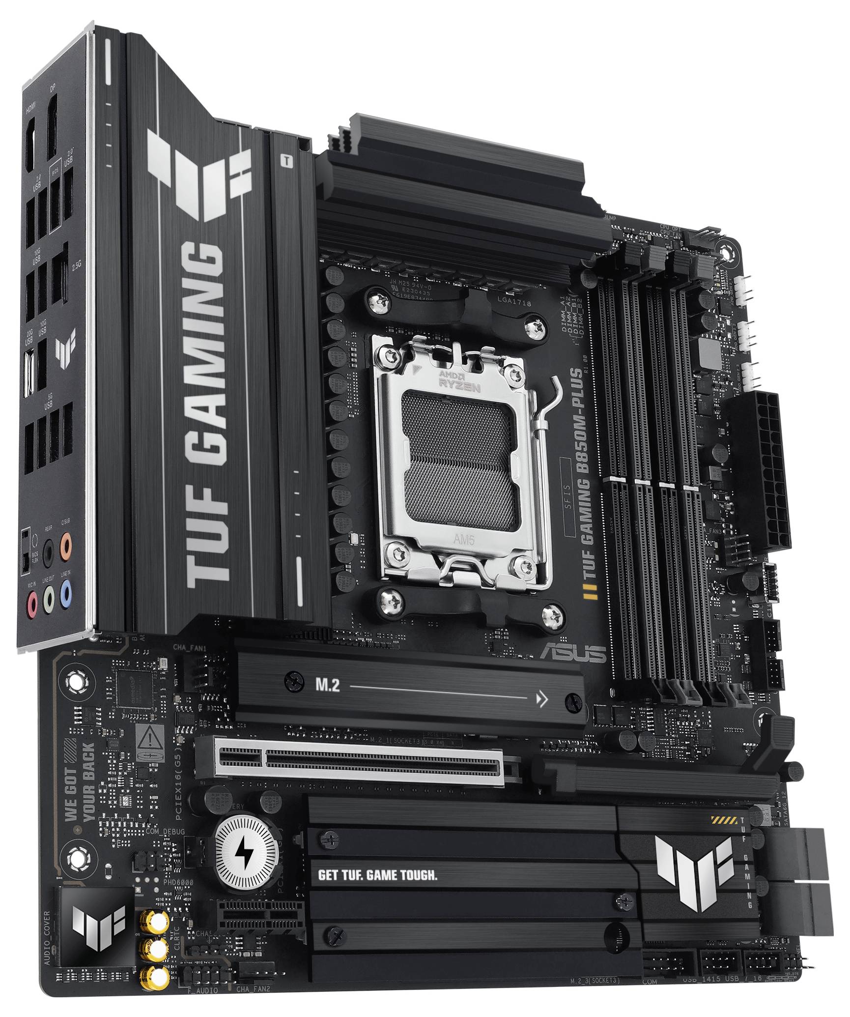 'Moederbord ASUS TUF Gaming B650-PLUS met zwart design en meerdere sleuven voor processor, RAM en aansluitingen.'